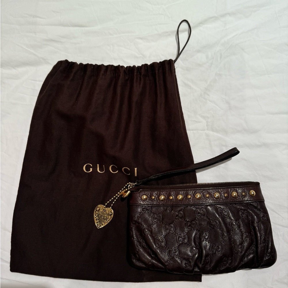 Gucci Brown Leather Hysteria Clutch & Wristlet with Gold Studs